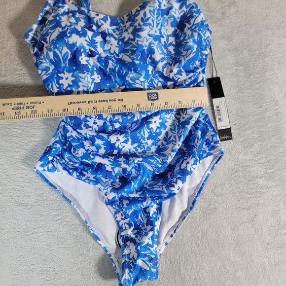 NICOLE MILLER Swimsuit Flattering‎ Ruched Tropical blue floral botanical Small - Picture 7 of 14